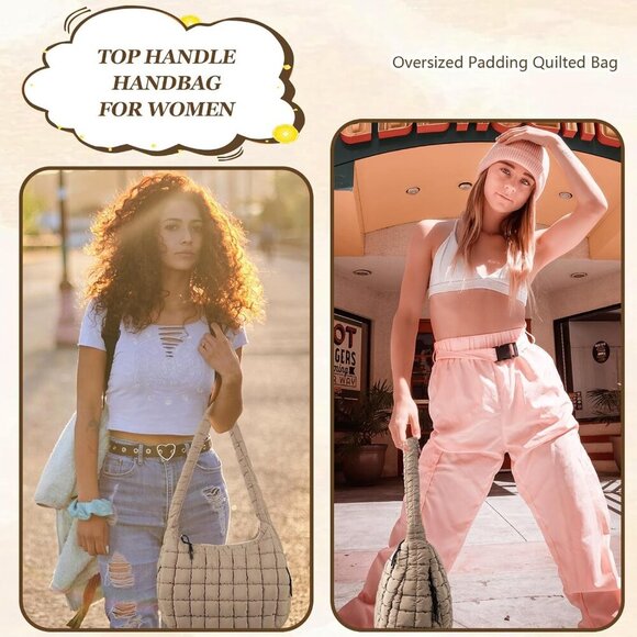 Nylon Quilted Puffer Tote Bag Large Capacity Crossbody Travel Purse - Picture 5 of 7